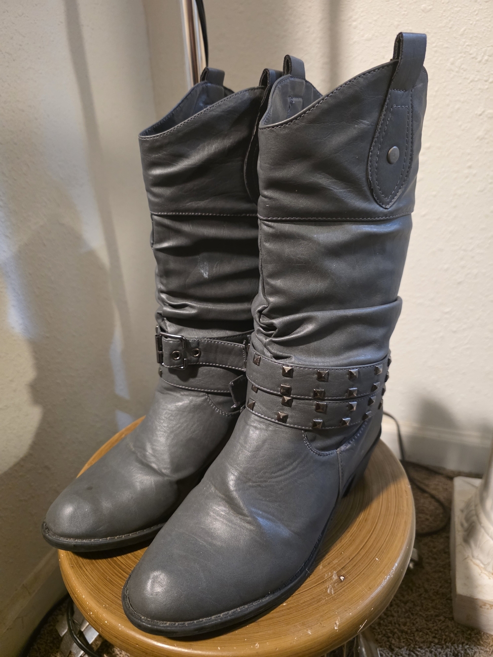 West Blvd Grey Studded Lace-Up Mid-Calf Boots